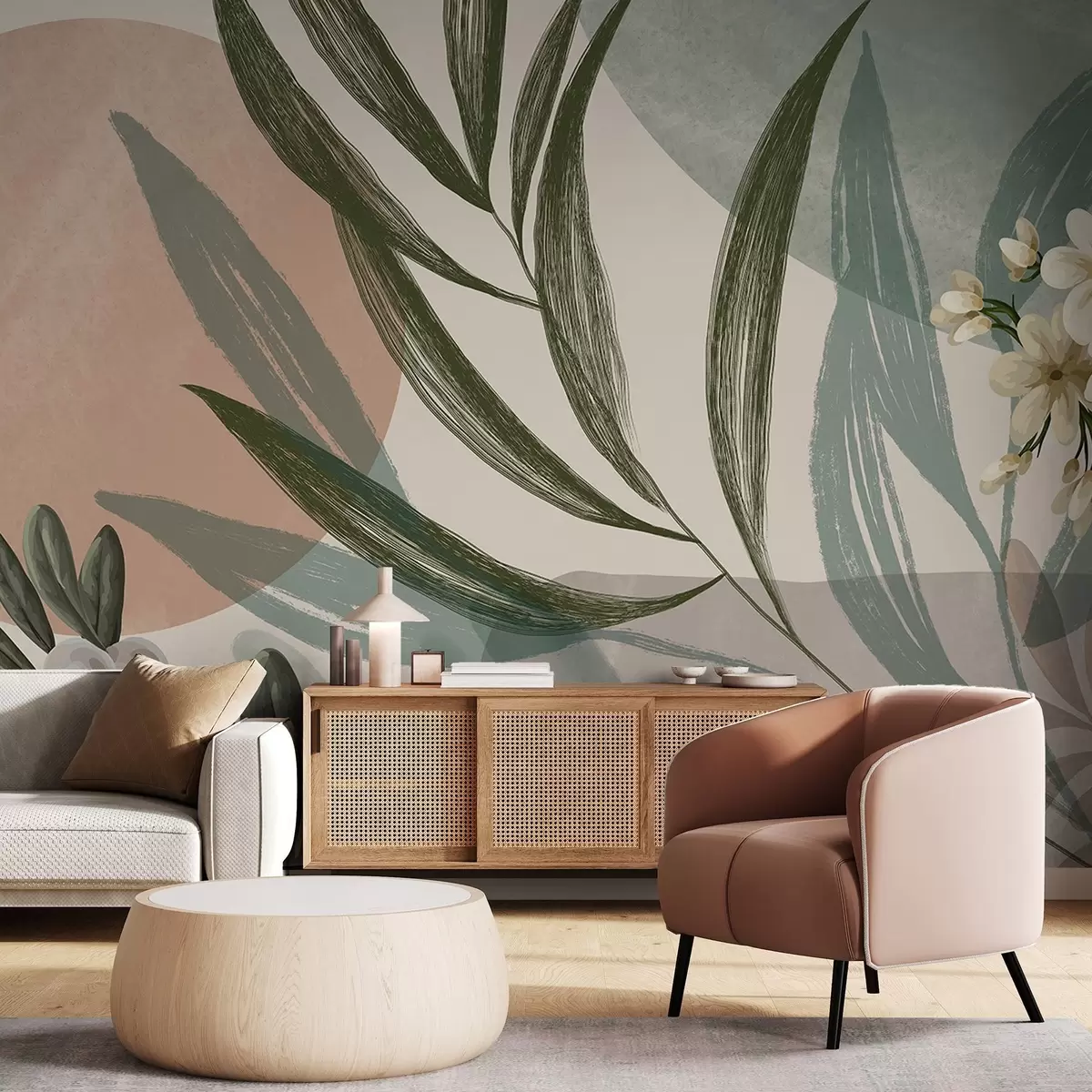 fototapeter Abstrakt botanisk kunst med grønne palmeblade og hvide bær på en baggrund af former i dæmpede jordfarver w09312