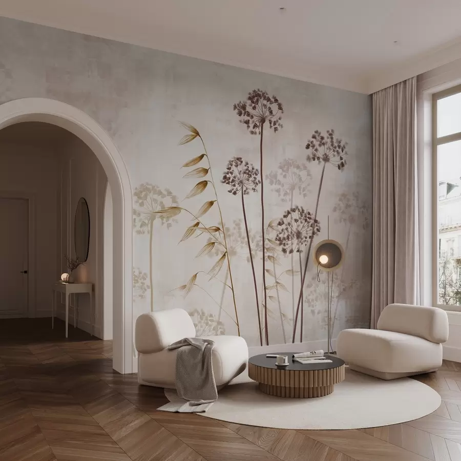 Fototapete Zeichnung von getrockneten Blumen mit langen Stielen, monochrome Palette, vor einem strukturierten, hellbeigen Hintergrund, botanische Illustration w09314v1