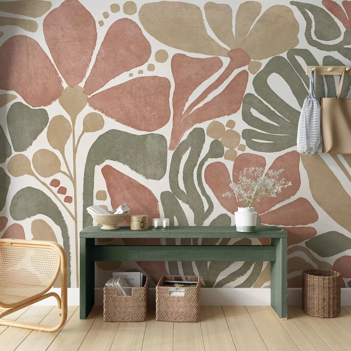 fototapeter Abstrakte blomster i røde, grønne og beige nuancer på en lys baggrund i et fladt, stiliseret, moderne og minimalistisk design w09315