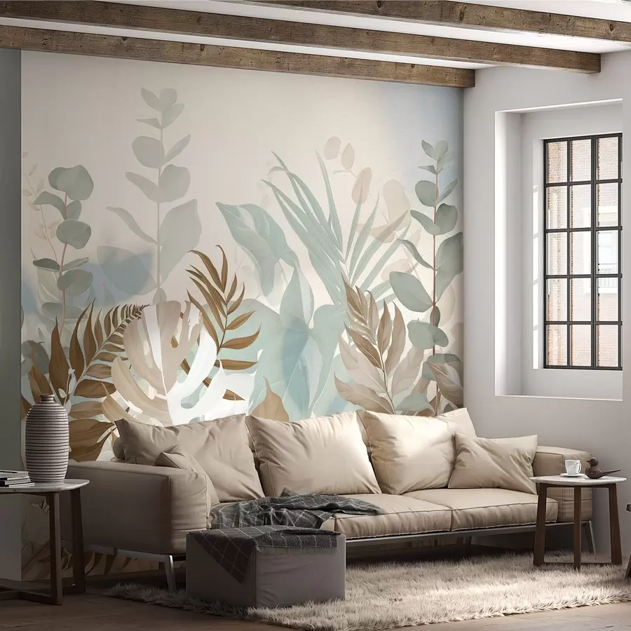 Murale Plantes pastel, fougères, monstera et eucalyptus, fond texturé léger, éclairage doux, paisible, illustration botanique w09316v1