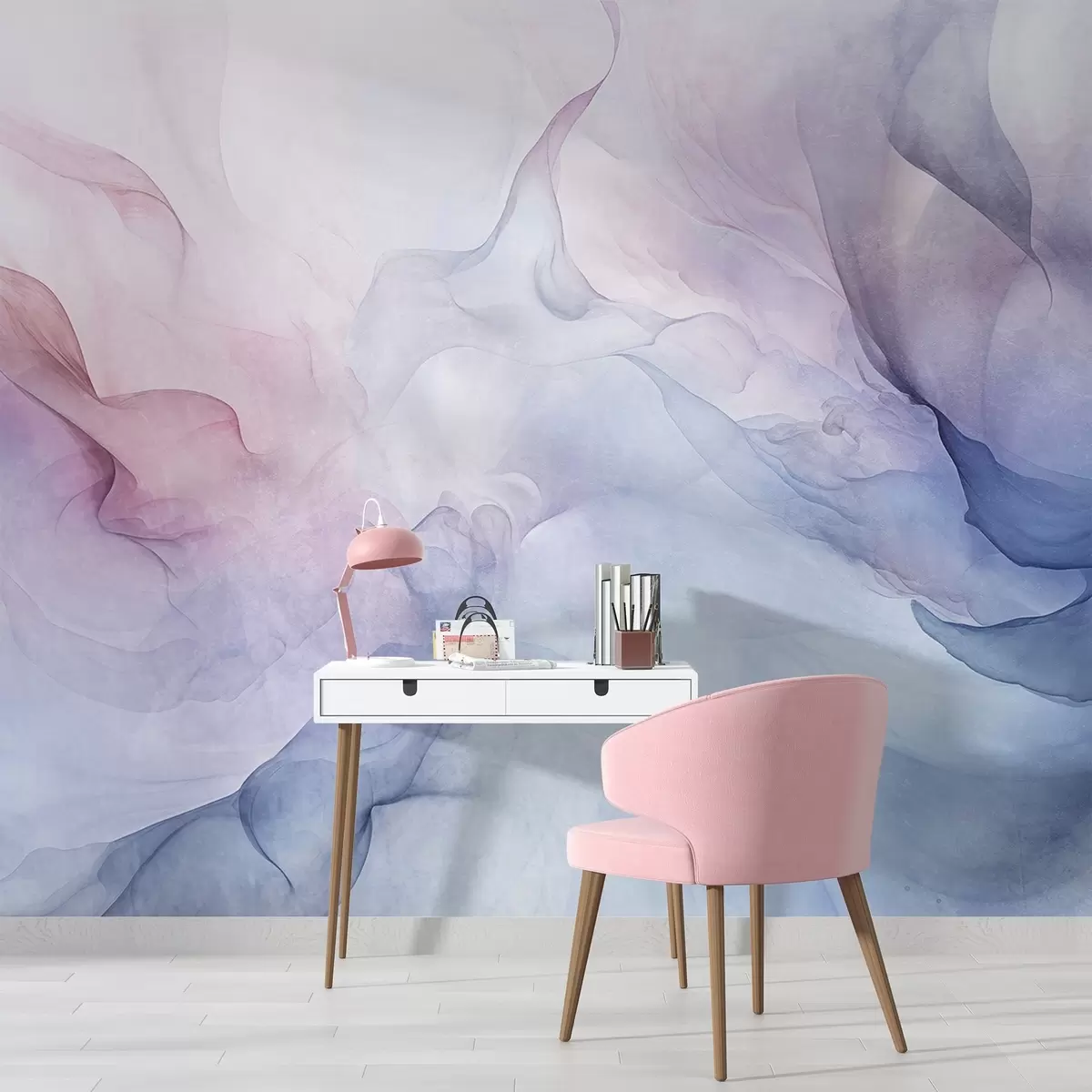 fototapeter Abstrakt tekstureret maleri med flydende pastelfarver i pink, lilla og blå, der skaber en blød effekt w09318