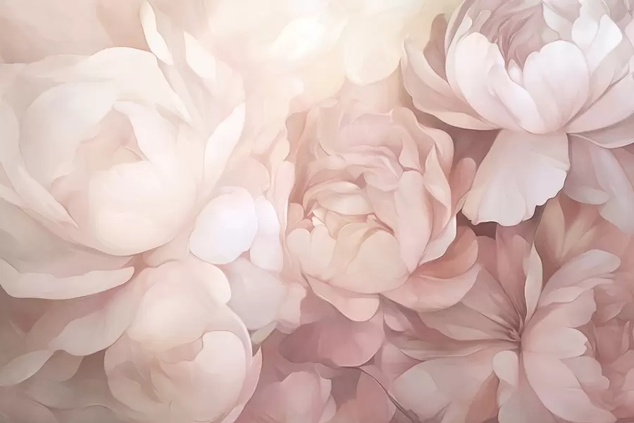 fototapeter Lys pastelrosa pæoner med bløde, strukturerede, delikate kronblade, arrangeret tæt sammen, hvilket skaber en tæt blomsterkunst, blød belysning w09319