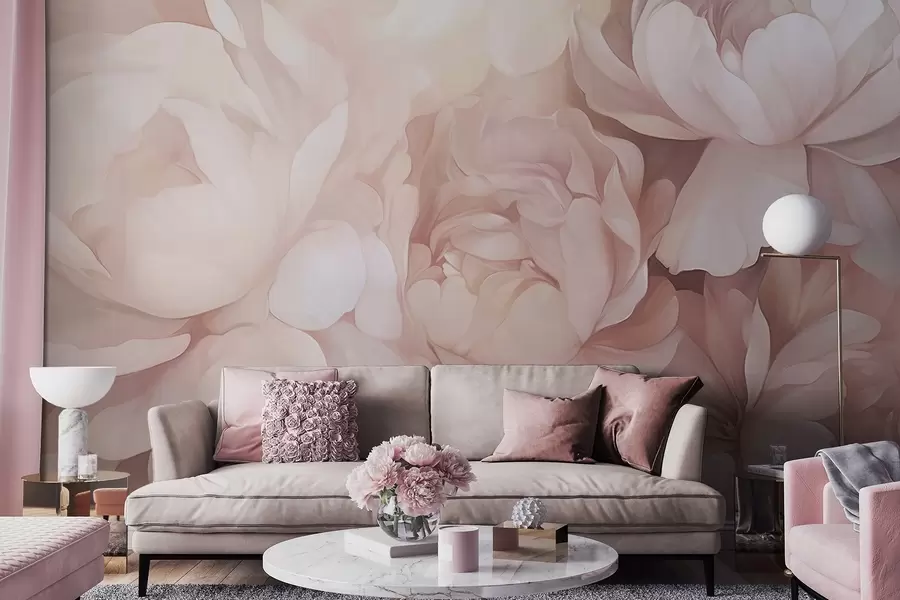 fototapeter Lys pastelrosa pæoner med bløde, strukturerede, delikate kronblade, arrangeret tæt sammen, hvilket skaber en tæt blomsterkunst, blød belysning w09319