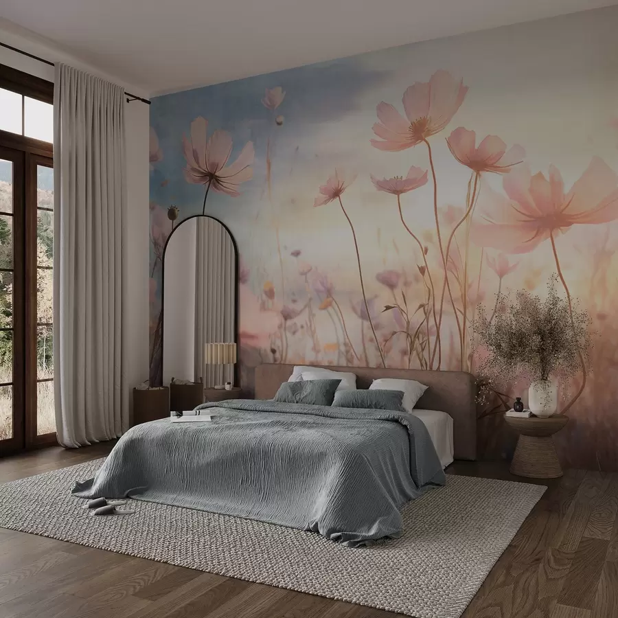 fototapeter En mark med lyserøde, strukturerede blomster med lange stilke mod en blød blå og gul himmel, der skaber en drømmende atmosfære w09320