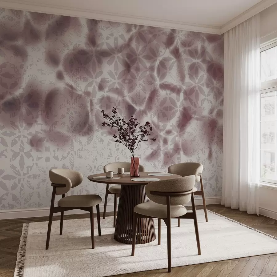 fototapeter Abstrakt tekstureret kunst med blomsterprint, falmet og sløret effekt, der skaber en blød og drømmende atmosfære w09322v1