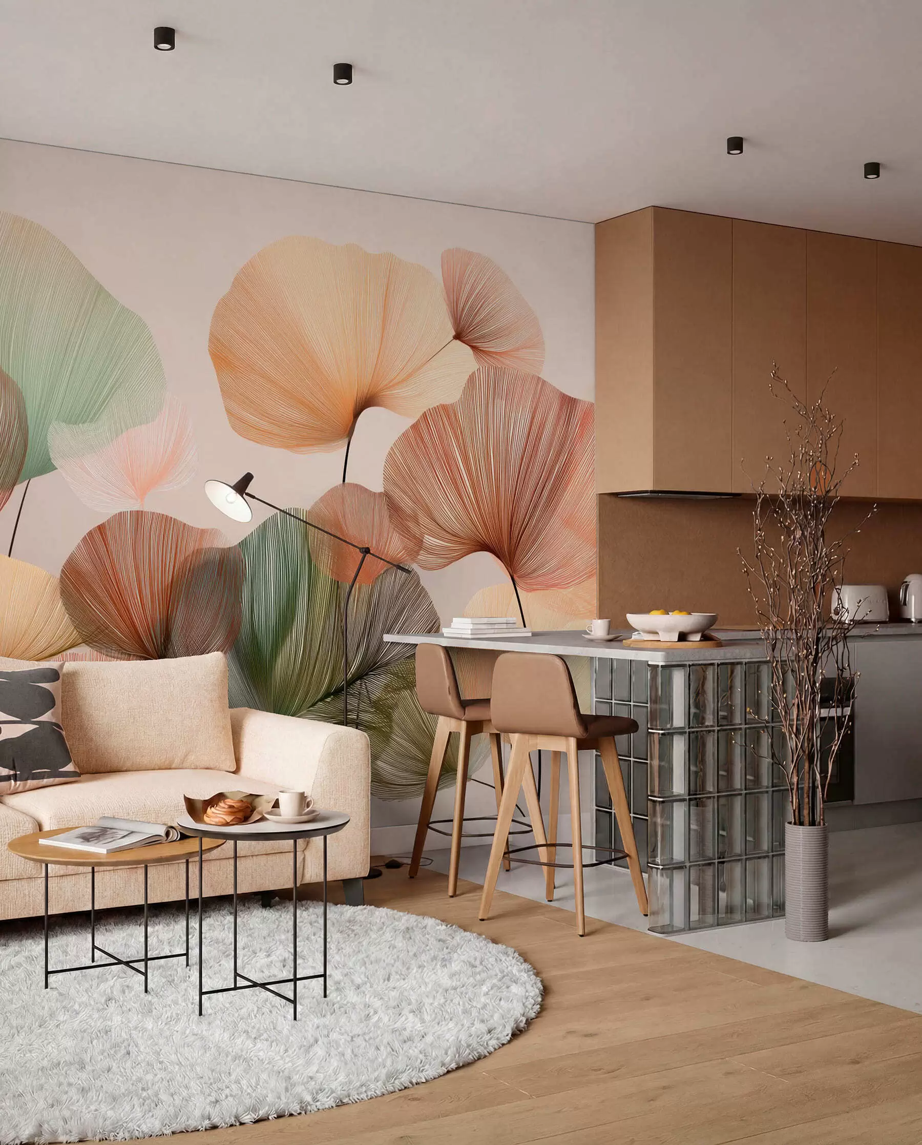 Murale feuilles de ginkgo multicolores avec nervures w04305