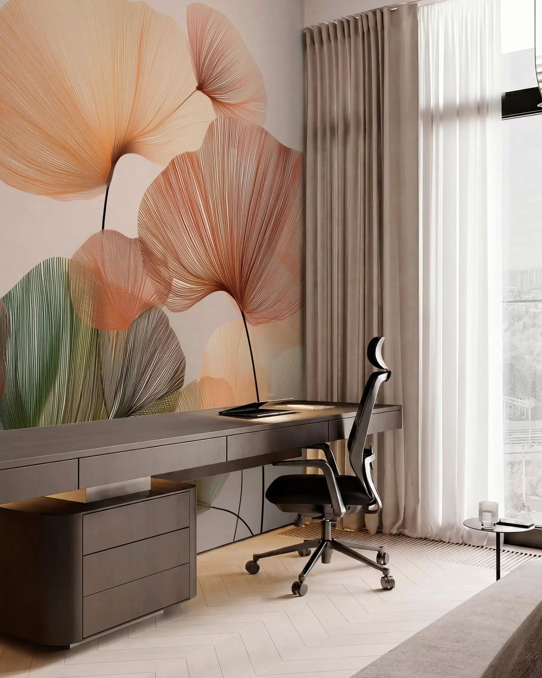 Murale feuilles de ginkgo multicolores avec nervures w04305