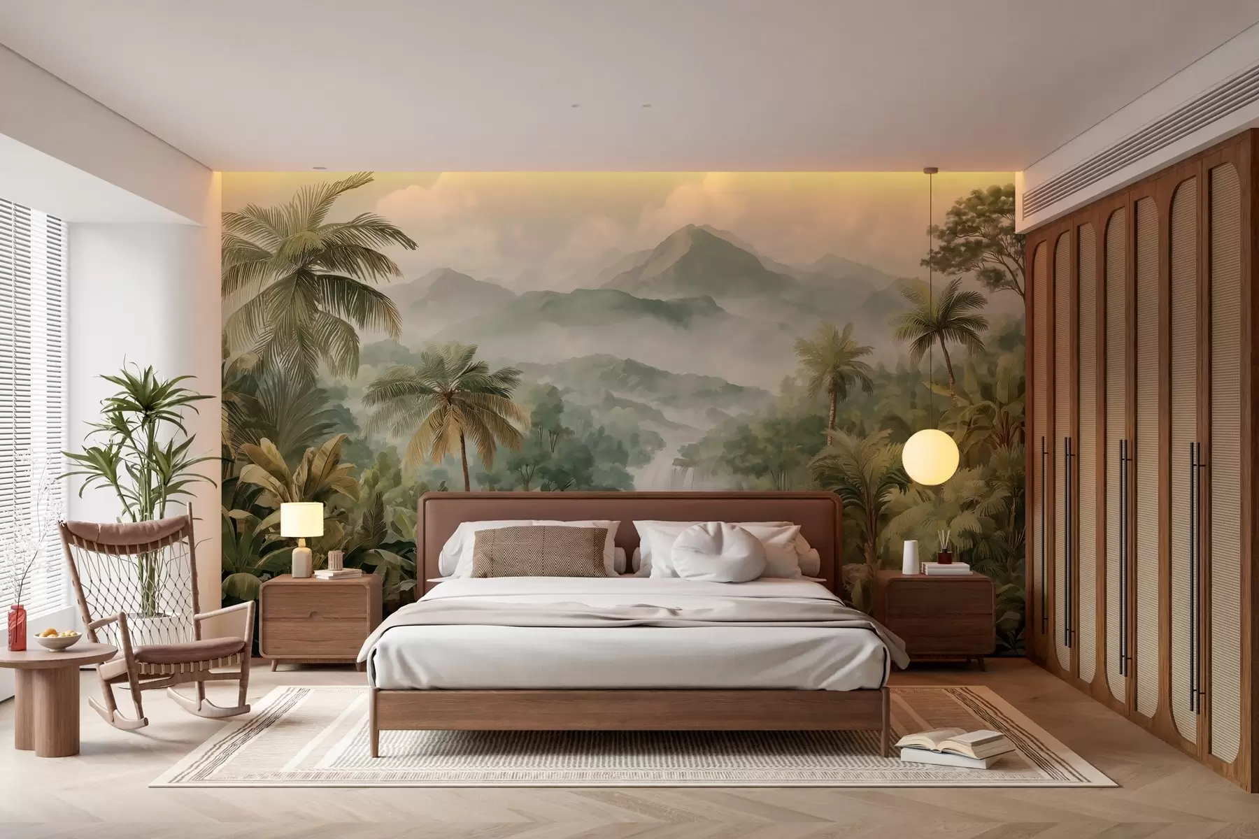 Murale jungle tropicale avec cascade w04306