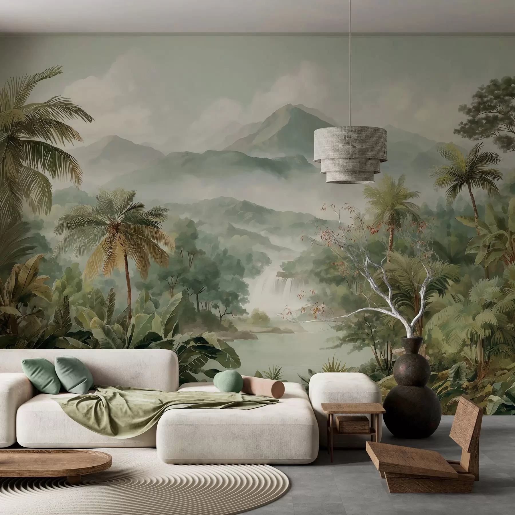 Murale jungle tropicale avec cascade w04306