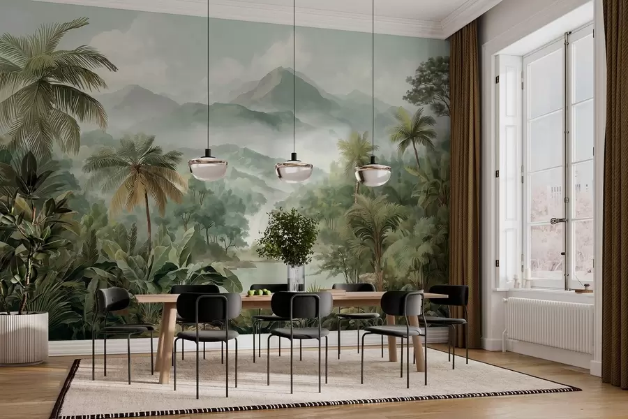 Murale jungle tropicale avec cascade w04306