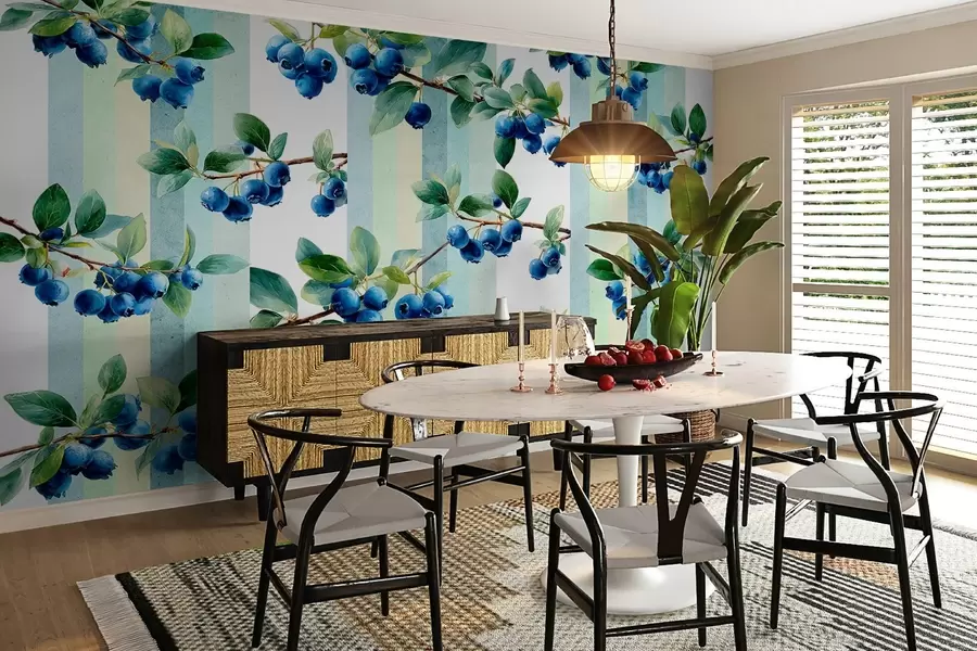 Murale grappes de myrtilles sur fond rayé w04307