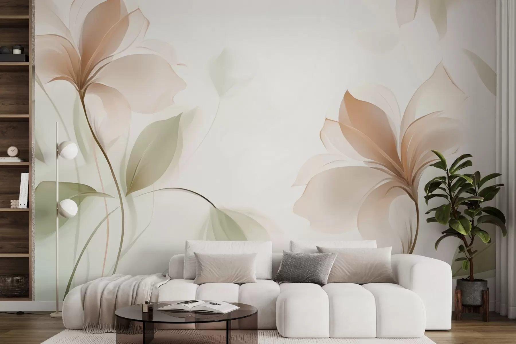 Murale Fleurs transparentes dans des tons chauds de beige et de rose w04397