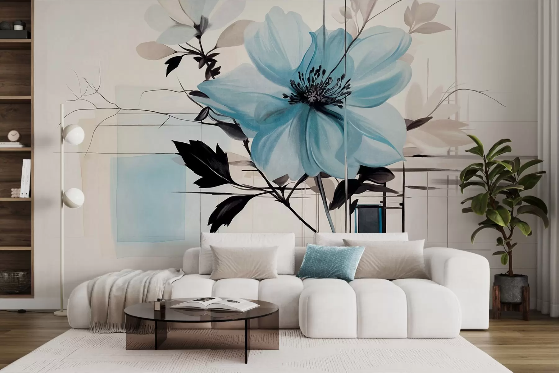 fototapeter Abstrakt struktureret blå blomst med mørke blade og grene, geometriske minimalistiske former og linjer i dæmpede farver w09332