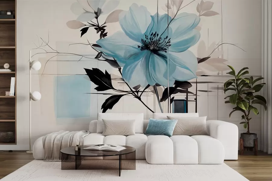 fototapeter Abstrakt struktureret blå blomst med mørke blade og grene, geometriske minimalistiske former og linjer i dæmpede farver w09332