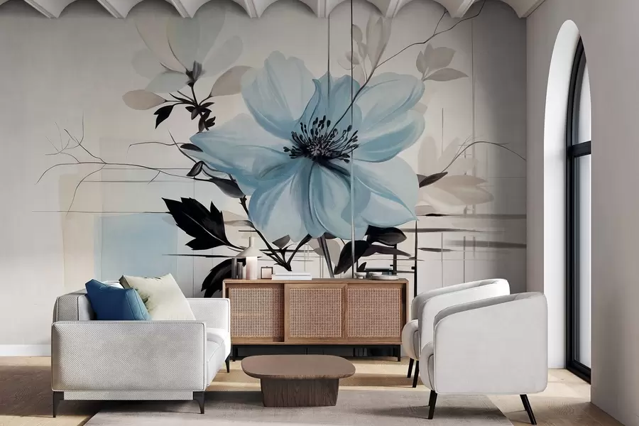 Fototapete Abstrakte strukturierte blaue Blume mit dunklen Blättern und Zweigen, geometrische minimalistische Formen und Linien in gedeckten Farben w09332