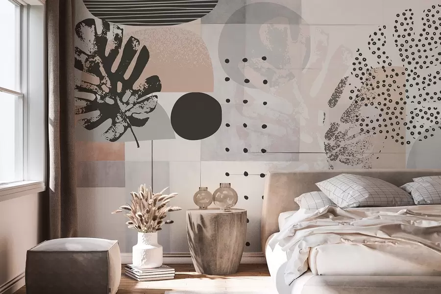 fototapeter Abstrakt print med geometriske former og tropiske monstera-blade, cirkler, prikker og linjer, moderne og minimalistisk design w09333