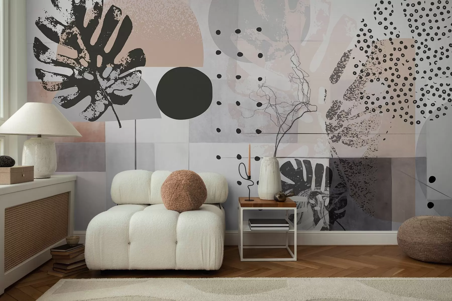 fototapeter Abstrakt print med geometriske former og tropiske monstera-blade, cirkler, prikker og linjer, moderne og minimalistisk design w09333