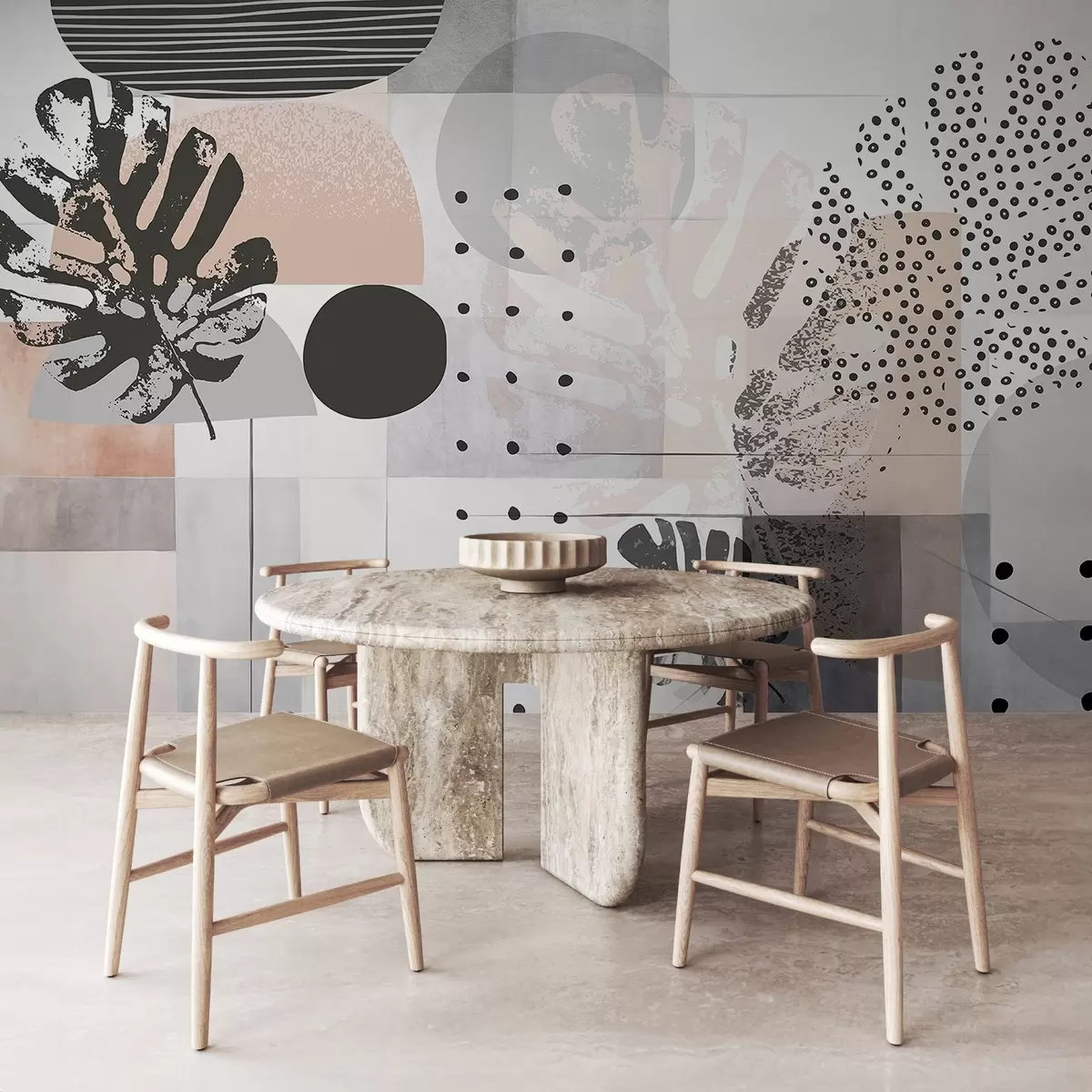 Murale Impression abstraite avec des formes géométriques et des feuilles tropicales de monstera, des cercles, des points et des lignes, un design moderne et minimaliste w09333