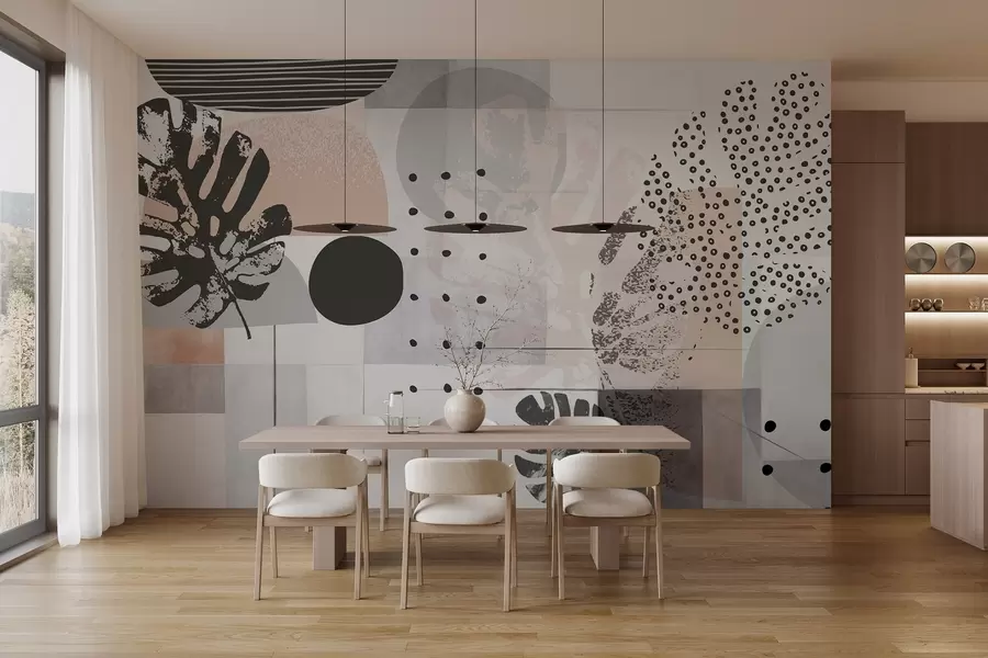 Fototapete Abstrakter Druck mit geometrischen Formen und monstera tropischen Blättern, Kreisen, Punkten und Linien, modernes und minimalistisches Design w09333