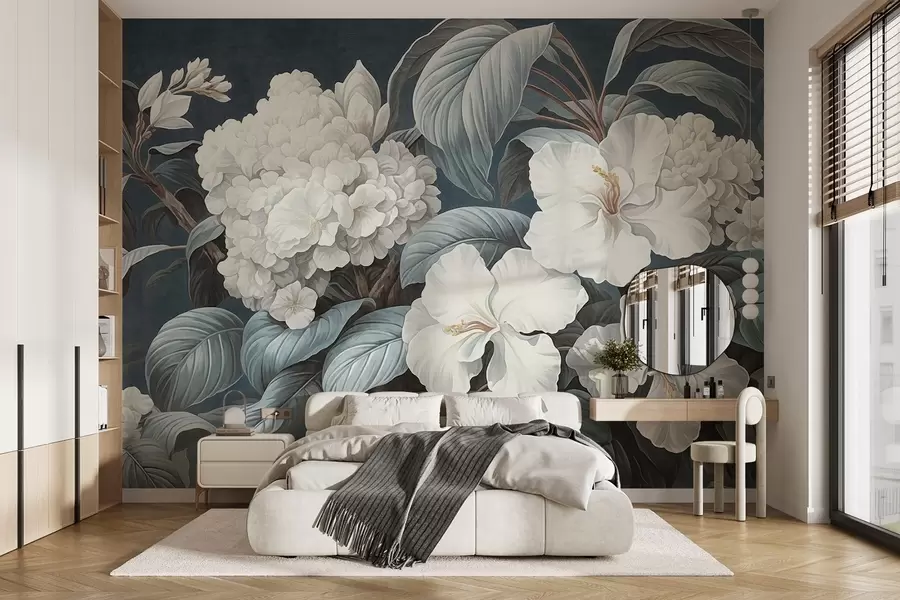 Fototapete Weiße tropische Blumen mit zarten Blütenblättern und Blättern in einem dunkelblauen Hintergrund, vintage textured style, botanische Illustration w09334