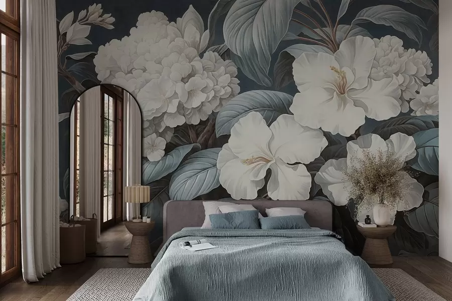 Murale Fleurs tropicales blanches avec des pétales et des feuilles délicates sur un fond bleu foncé, style vintage texturé, illustration botanique w09334