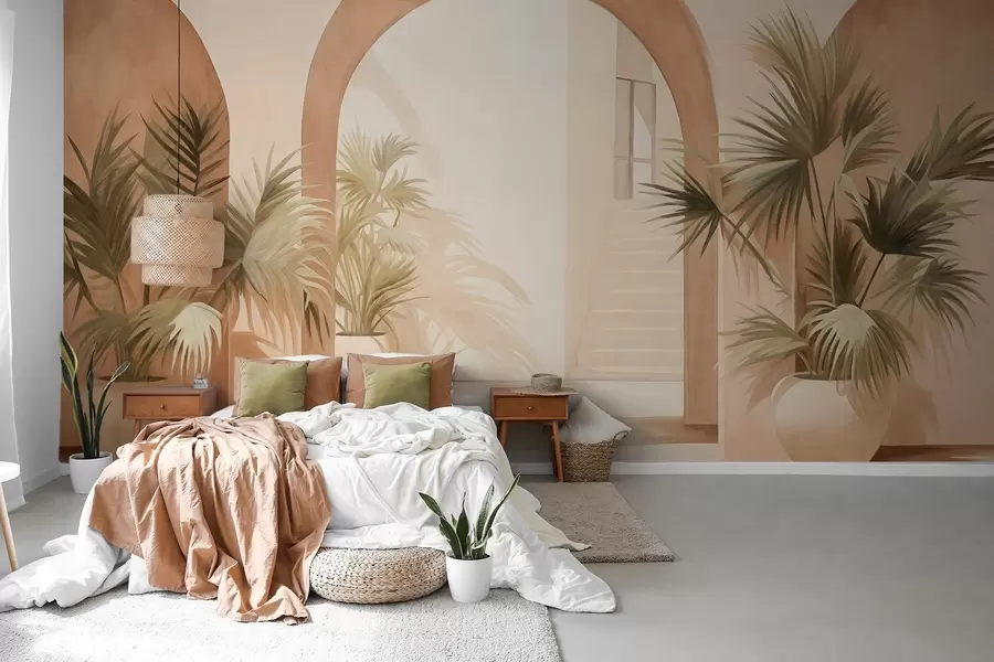 fototapeter Strukturerede buer med potteplanter, lys beige farvepalet, minimalistisk design, trappe i baggrunden w09339