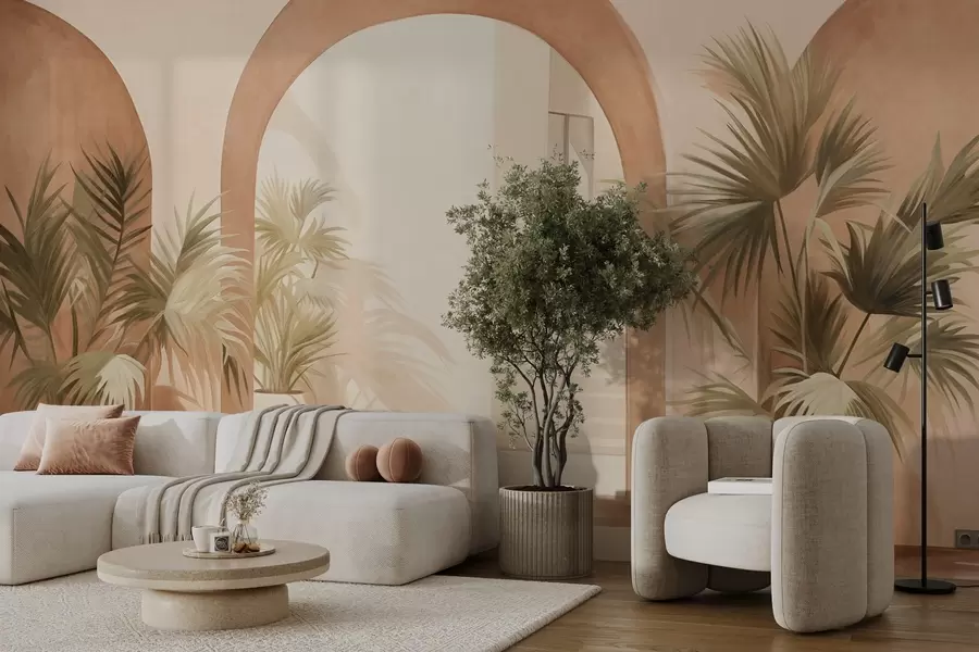 Fototapete Strukturierte Bögen mit Topfpflanzen, hellbeige Farbpalette, minimalistisches Design, Treppenhaus im Hintergrund w09339