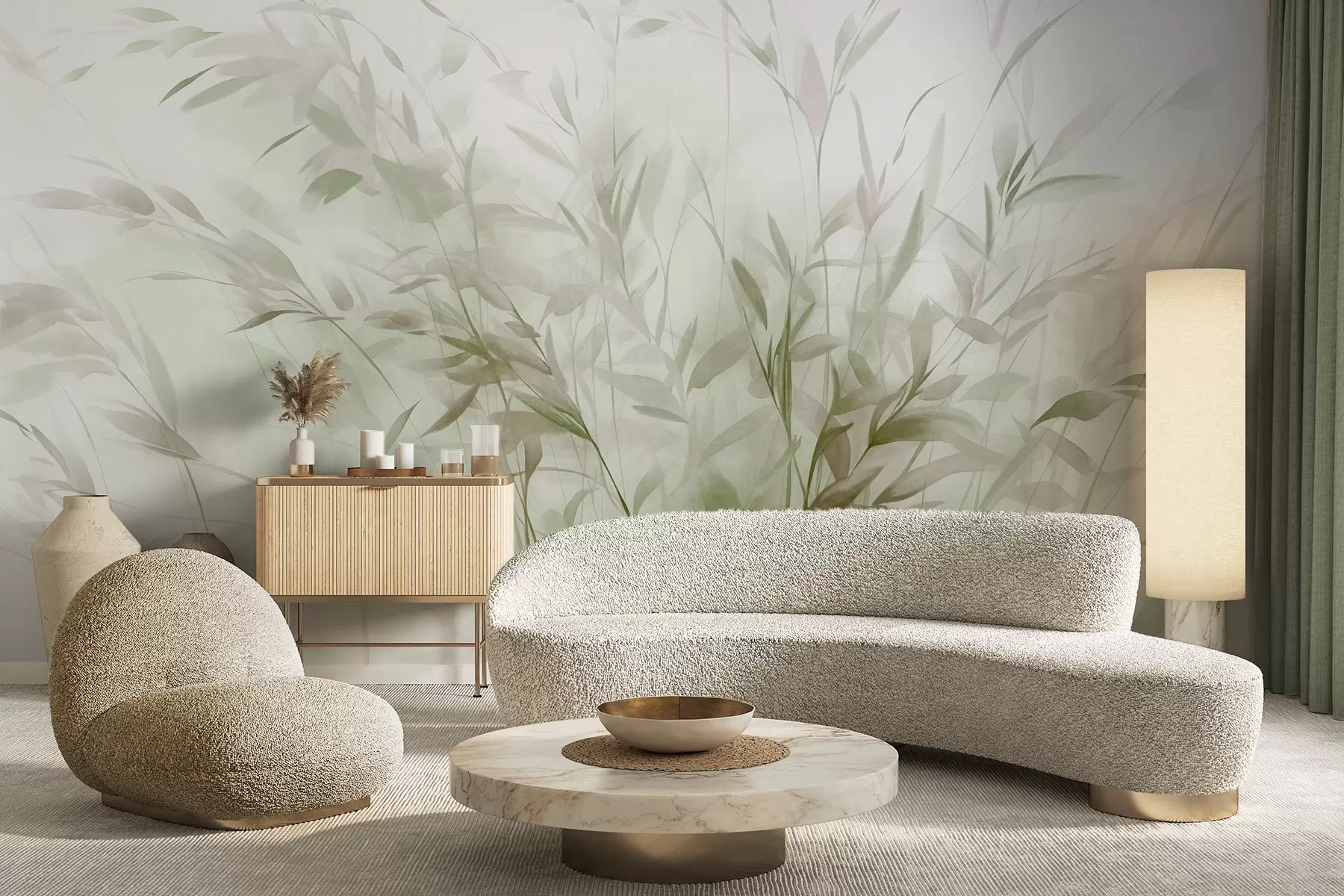 Fototapete Gras und Unkraut mit dünnen Blättern und Stängeln, hellgrüne und braune Farben, weiche und zarte Pinselstriche, minimalistischer Druck w09342