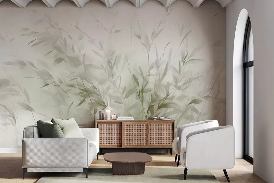 Fototapete Gras und Unkraut mit dünnen Blättern und Stängeln, hellgrüne und braune Farben, weiche und zarte Pinselstriche, minimalistischer Druck w09342