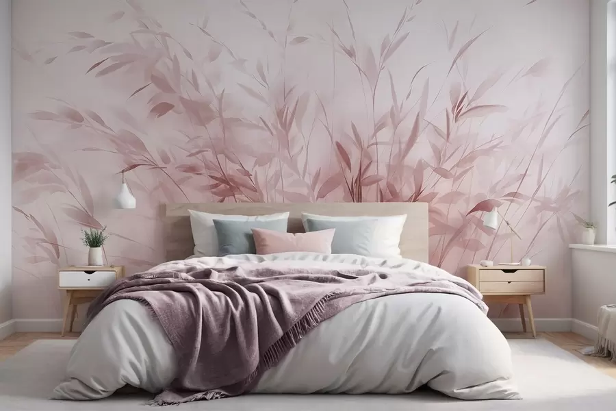 Fototapete Gras und Unkraut mit dünnen Blättern und Stängeln, hellrosa Farben, weiche und zarte Pinselstriche, minimalistischer Druck w09342v2