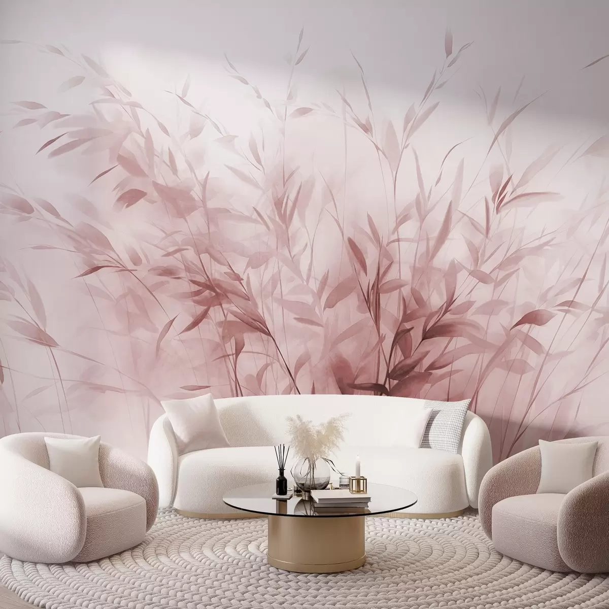 fototapeter Græs og ukrudt med tynde blade og stængler, lyserøde farver, bløde og delikate penselstrøg, minimalistisk print w09342v2