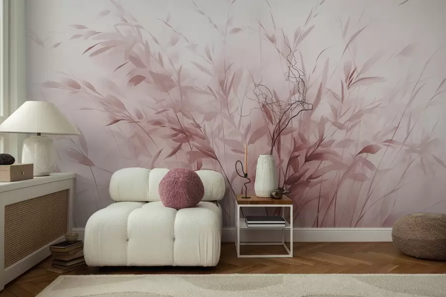 Fototapete Gras und Unkraut mit dünnen Blättern und Stängeln, hellrosa Farben, weiche und zarte Pinselstriche, minimalistischer Druck w09342v2