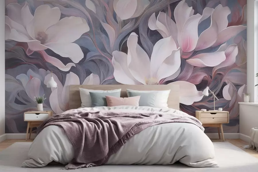 fototapeter Tekstureret maleri af hvide magnoliablomster med rosa accenter på en baggrund af hvirvlende, dæmpede blå og grå toner w09344