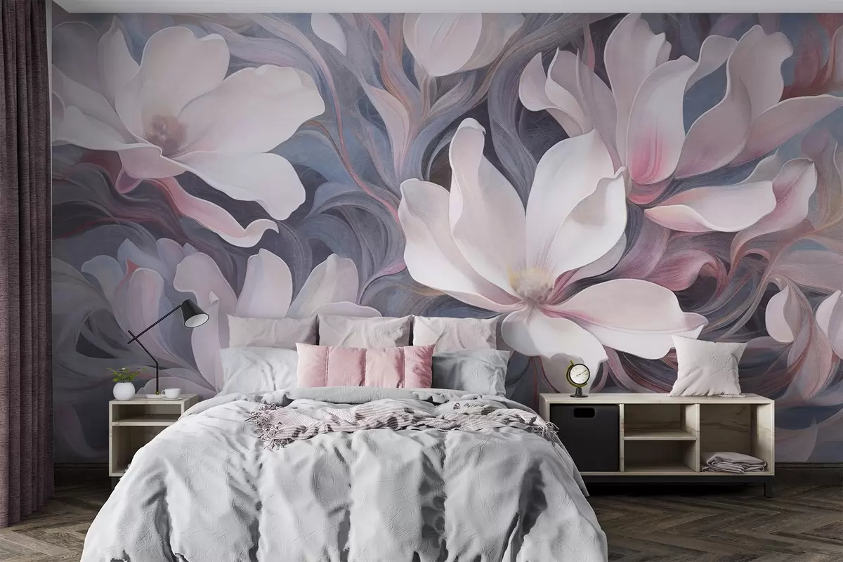 Murale Peinture texturée de fleurs de magnolia blanches avec des accents roses, sur un fond de tons bleus et gris sourds et tourbillonnants w09344