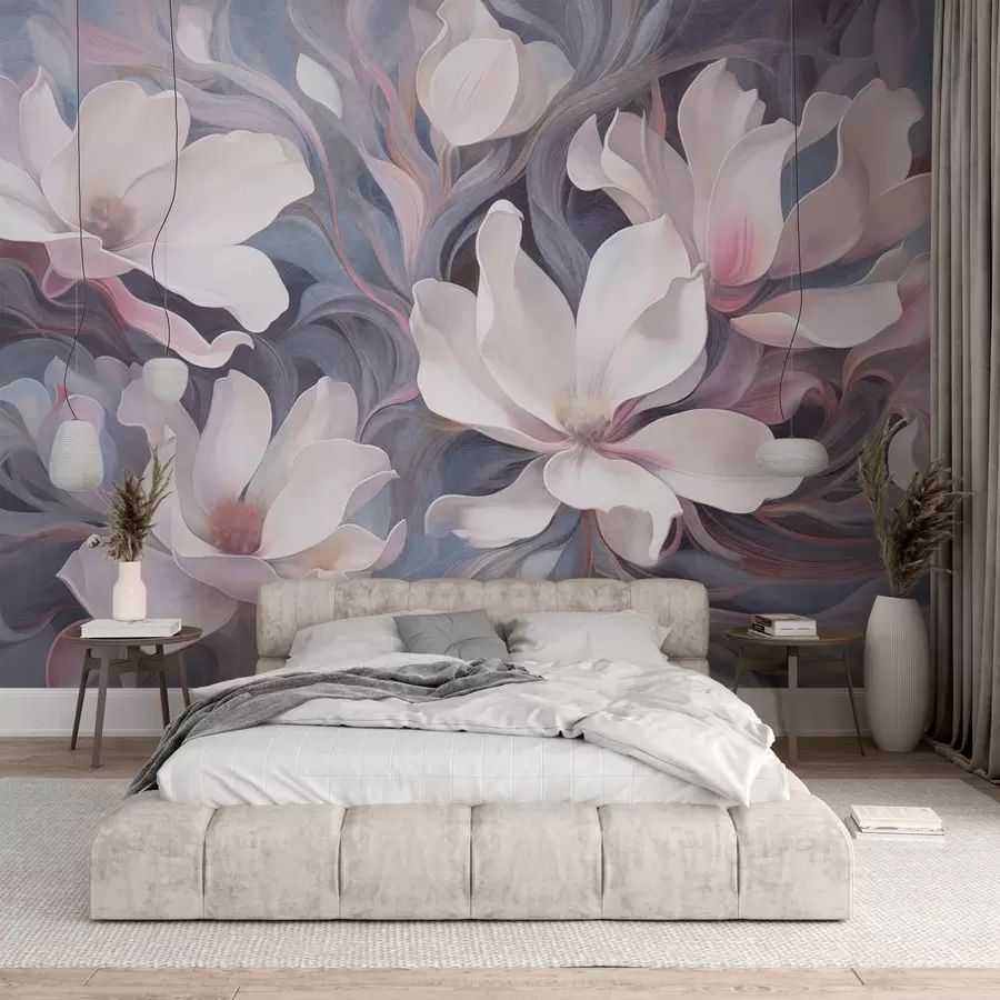 Fototapete Strukturiertes Gemälde mit weißen Magnolienblüten mit rosa Akzenten vor einem Hintergrund aus wirbelnden, gedämpften Blau- und Grautönen w09344