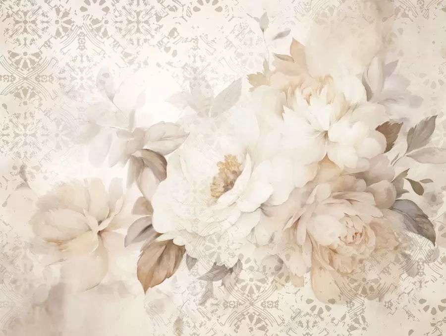 fototapeter Et blomsterarrangement af hvide pæoner med beige blade, sat mod en dekorativ baggrund med en vintage-struktur w09345