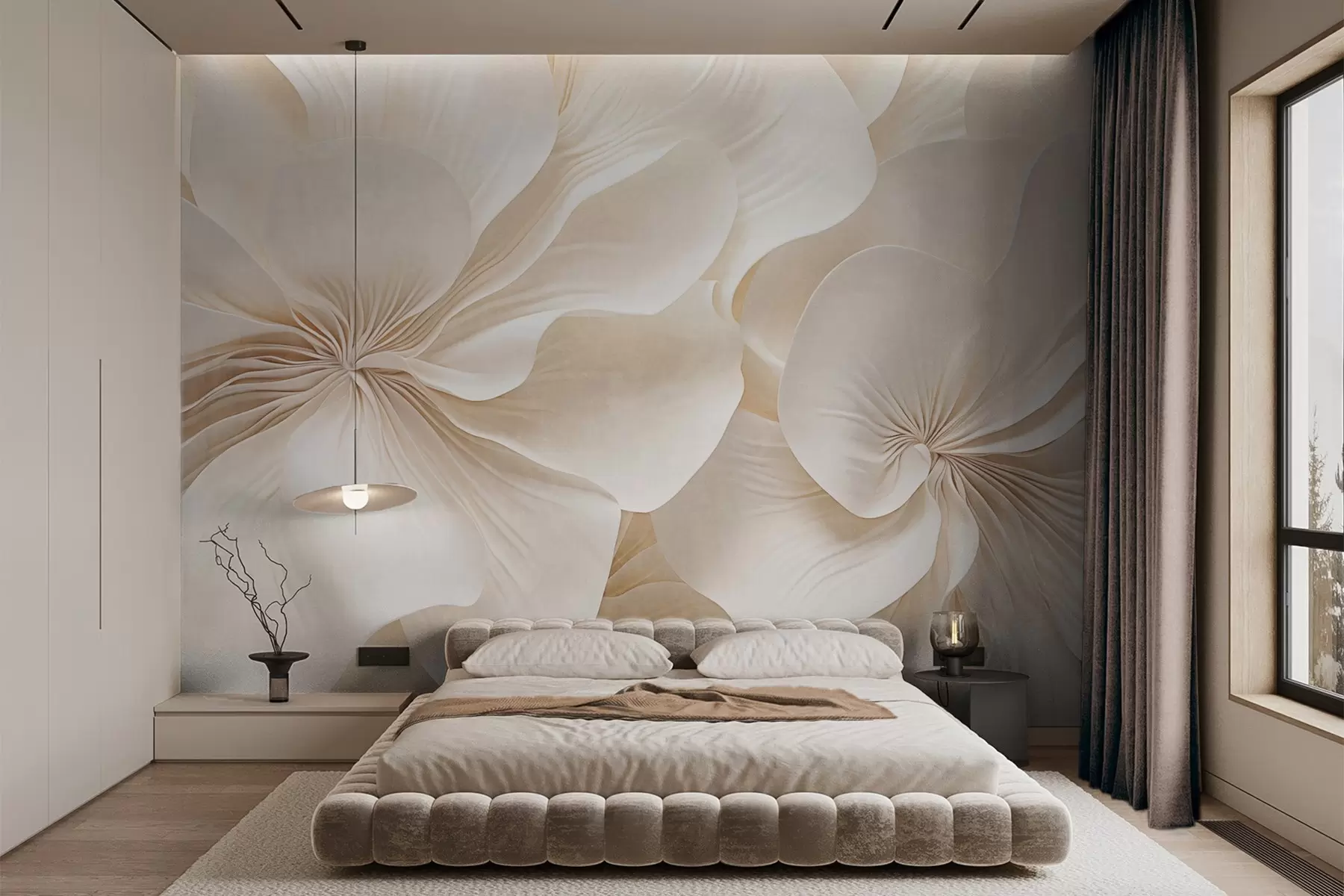 fototapeter Nærbillede af blomster med cremet struktur og delikate, flydende kronblade, der skaber et blødt, elegant og struktureret blomsterarrangement w09346