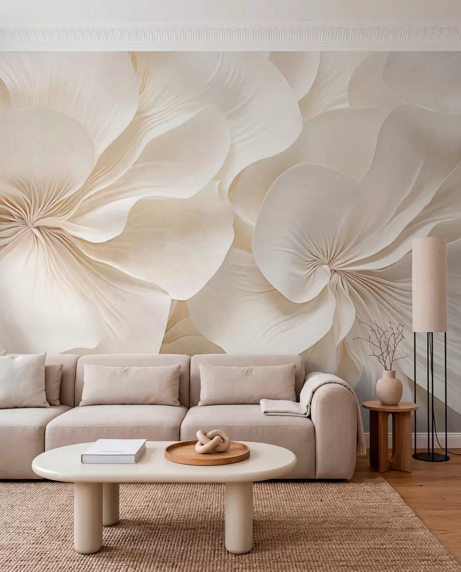 Murale Gros plan sur des fleurs à la texture crémeuse et aux pétales délicats et fluides, créant une composition florale douce, élégante et texturée w09346
