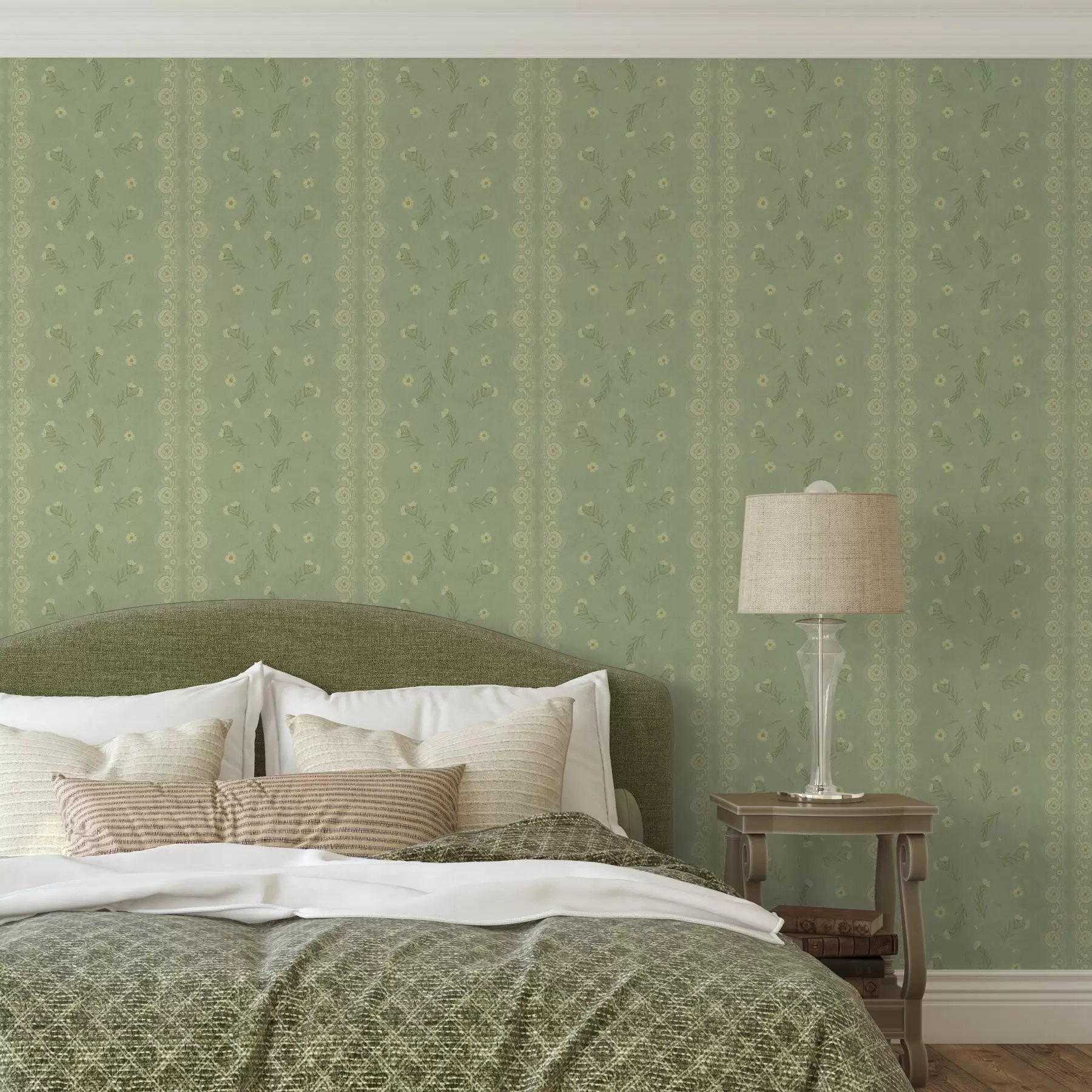 fototapeter Grøn baggrund med margueritter og blondekant a00291