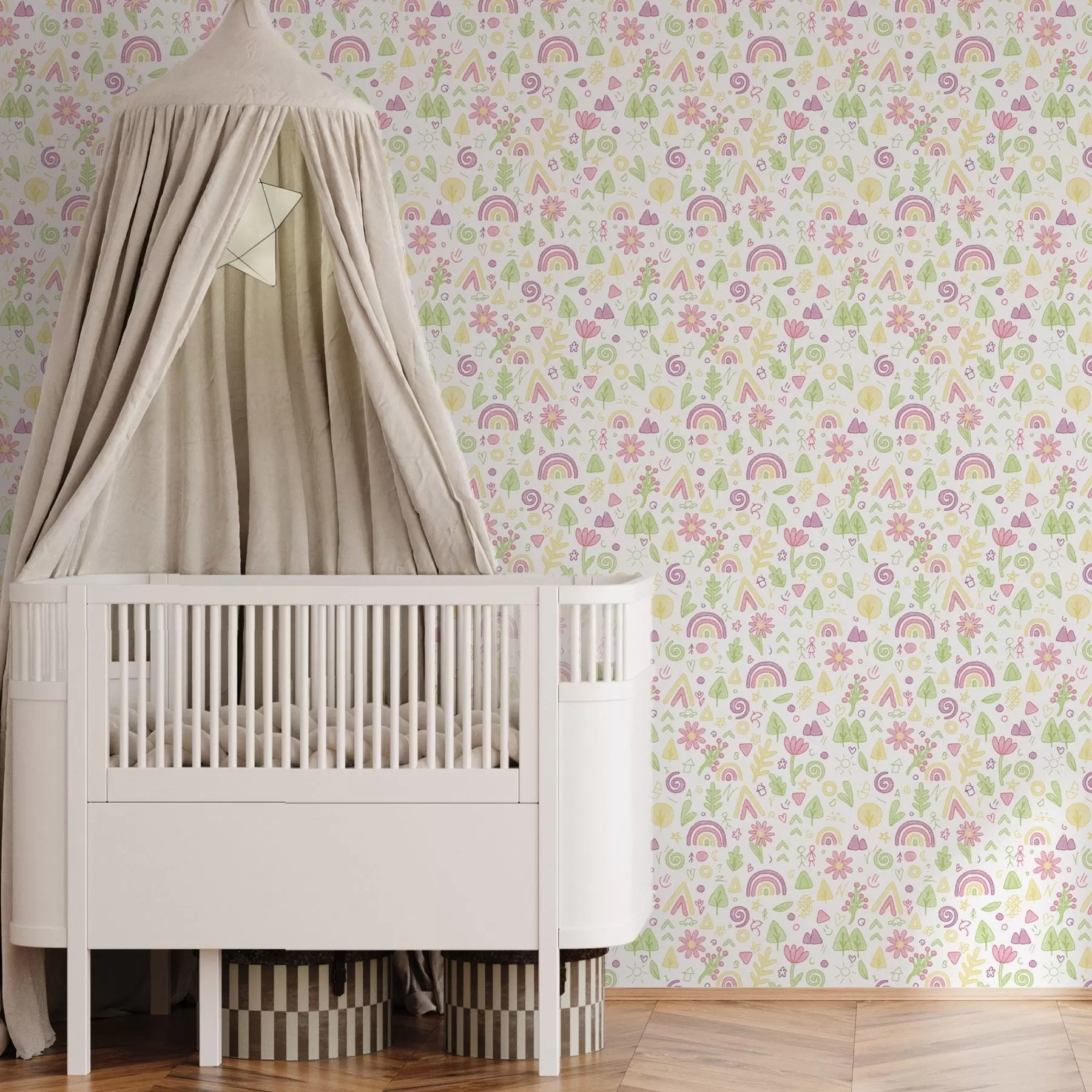 Murale Dessin d'enfant avec arc-en-ciel, fleurs et arbres a00296