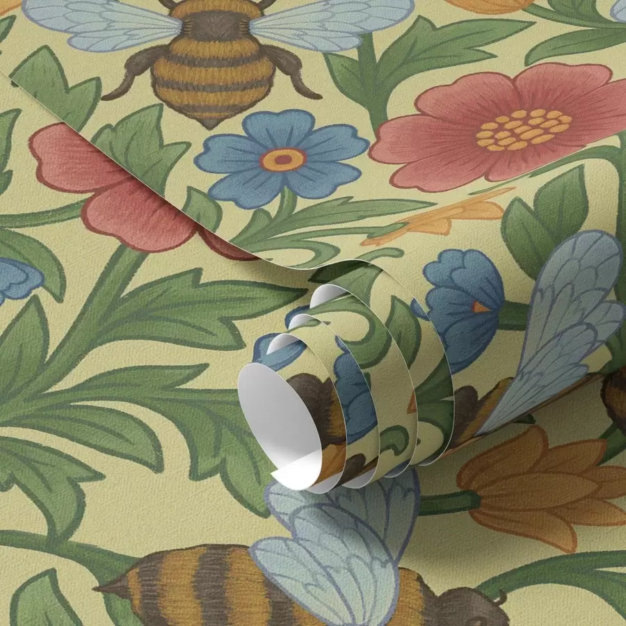 Murale Fleurs brillantes avec de grandes abeilles a00315