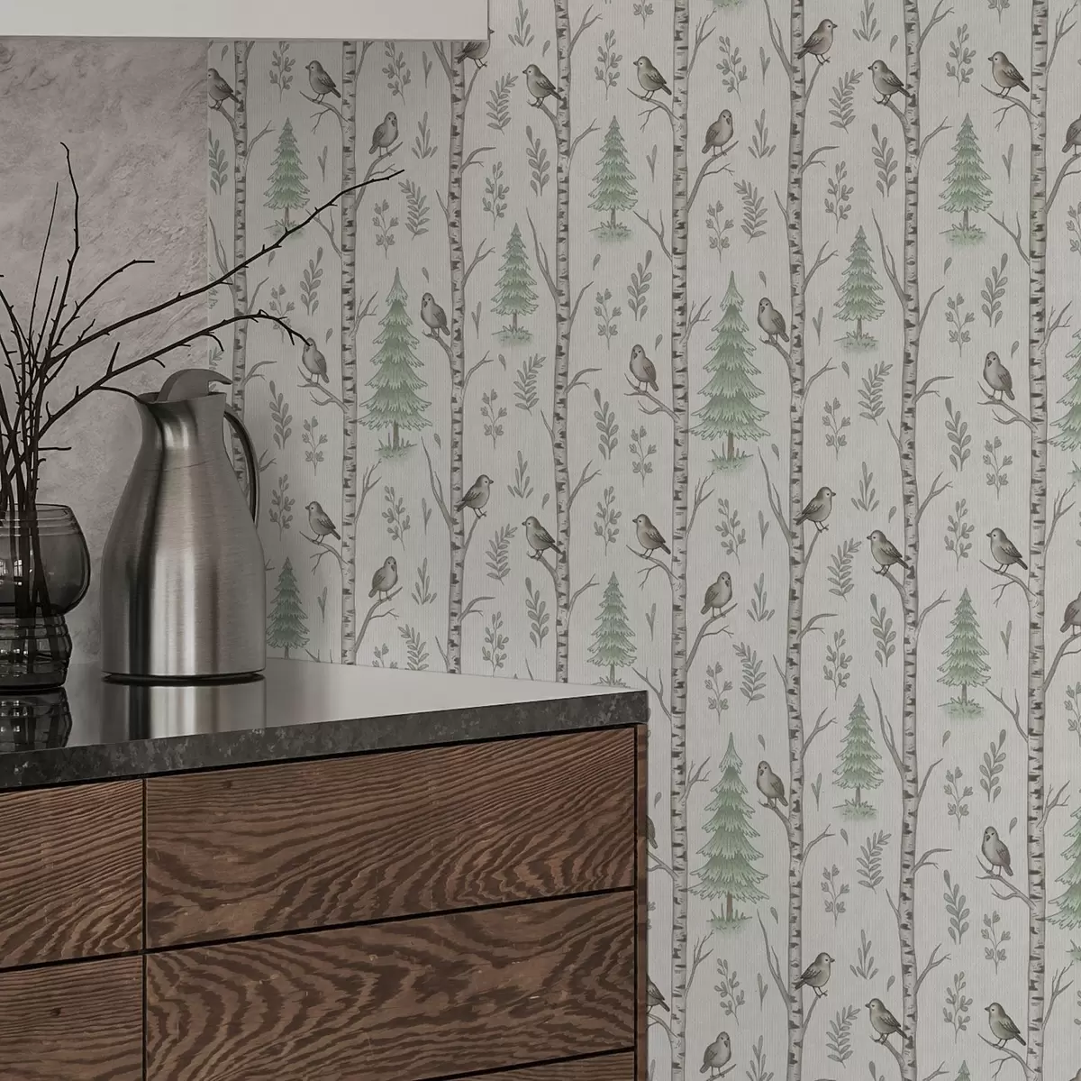 Baggrund Birketræer med fugle i en lysegrøn skov a00316