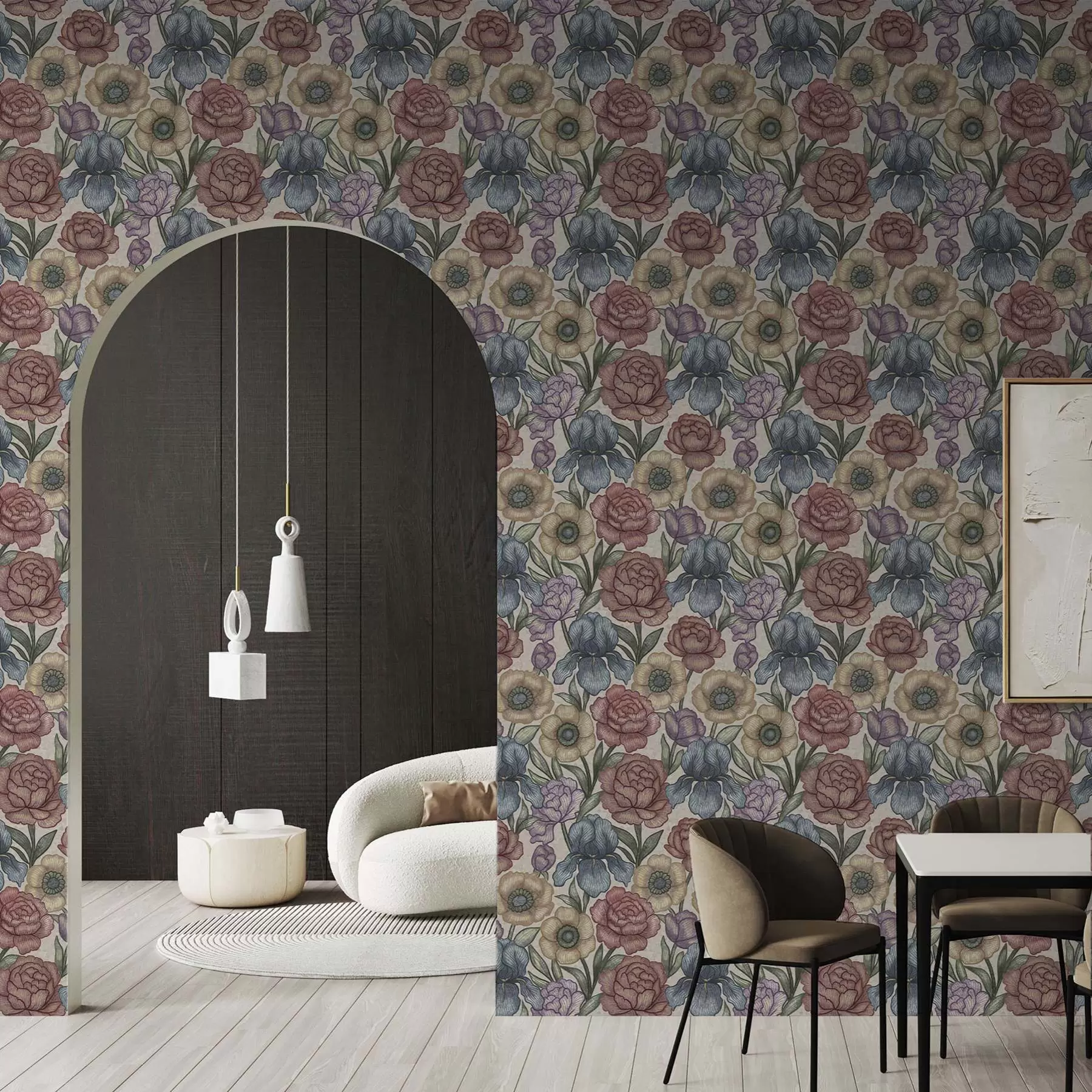 Murale Grandes illustrations florales avec iris et pivoines a00325