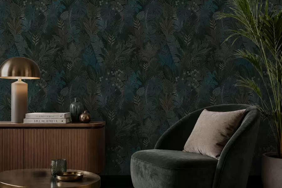 Murale Feuillage tropical vert foncé avec des accents bleus a00327