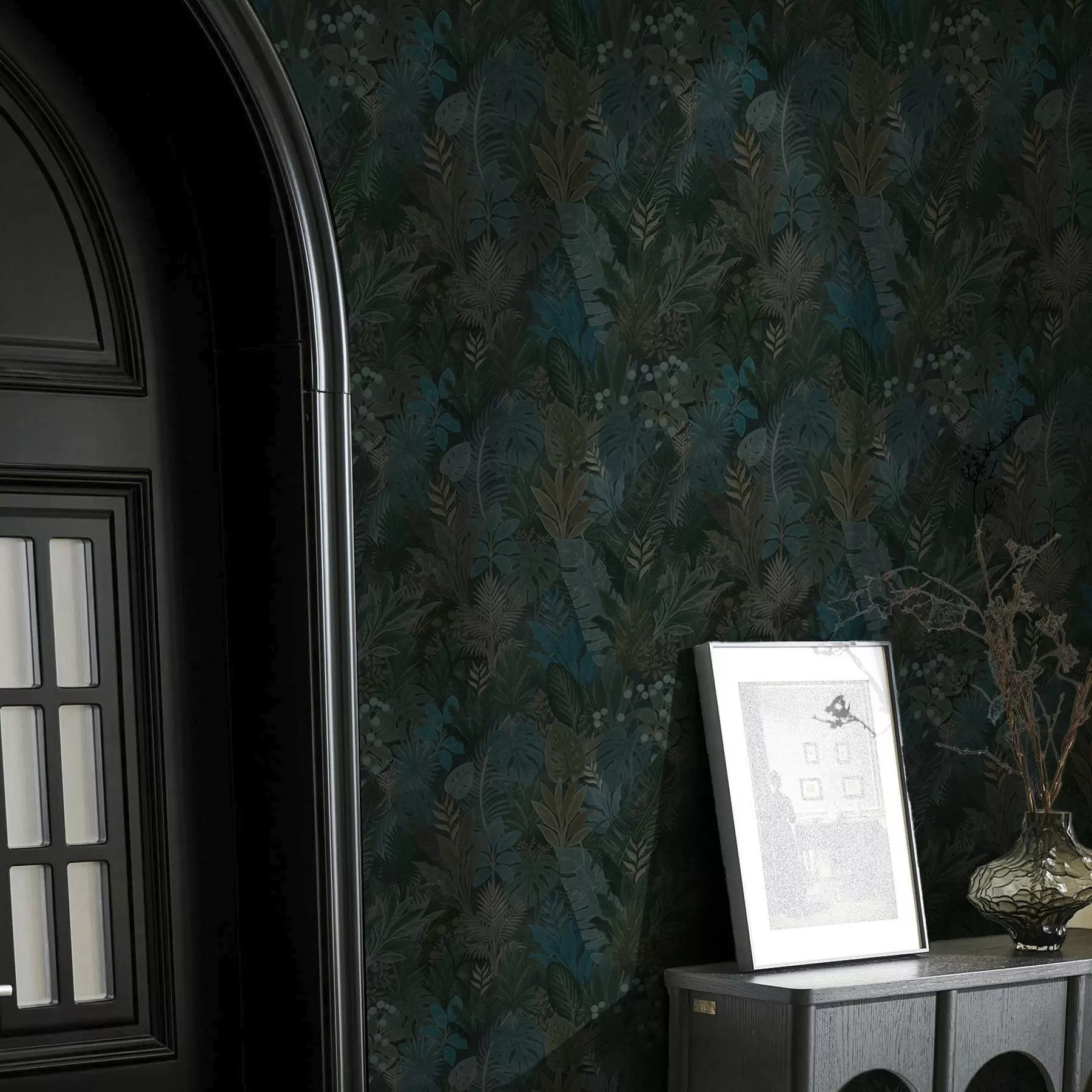 Murale Feuillage tropical vert foncé avec des accents bleus a00327