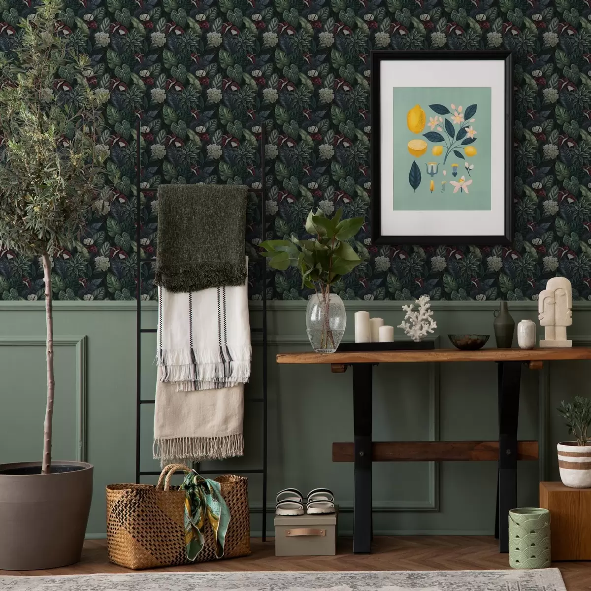 Papier peint Feuilles tropicales avec fleurs blanches et rouges a00361