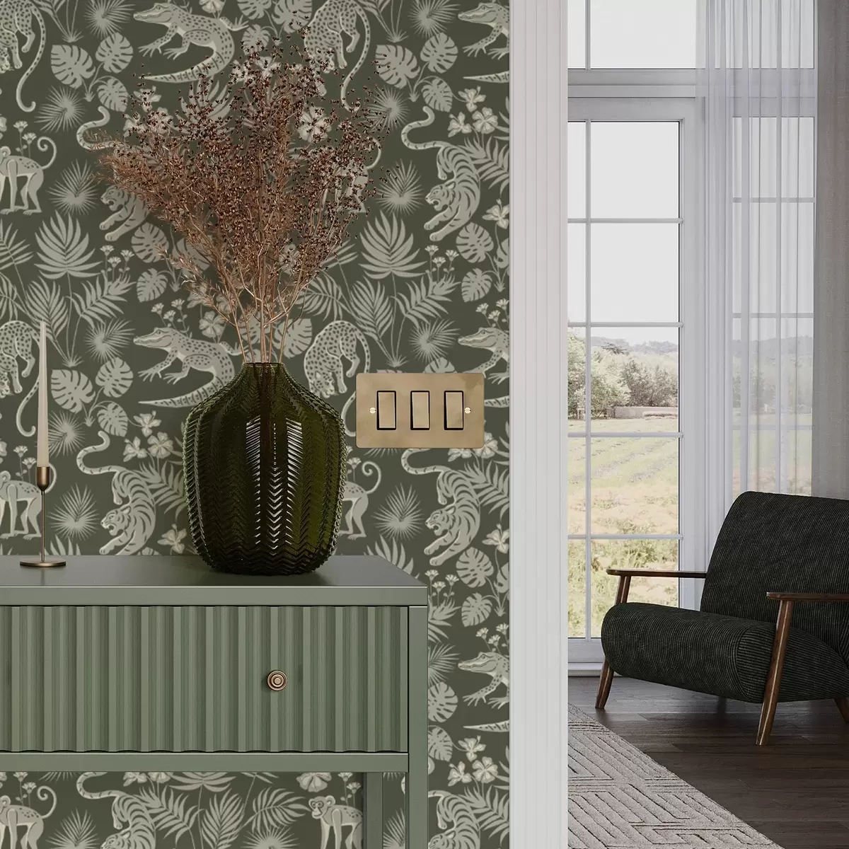 Papier peint Silhouettes d'animaux sauvages parmi des feuilles tropicales a00404