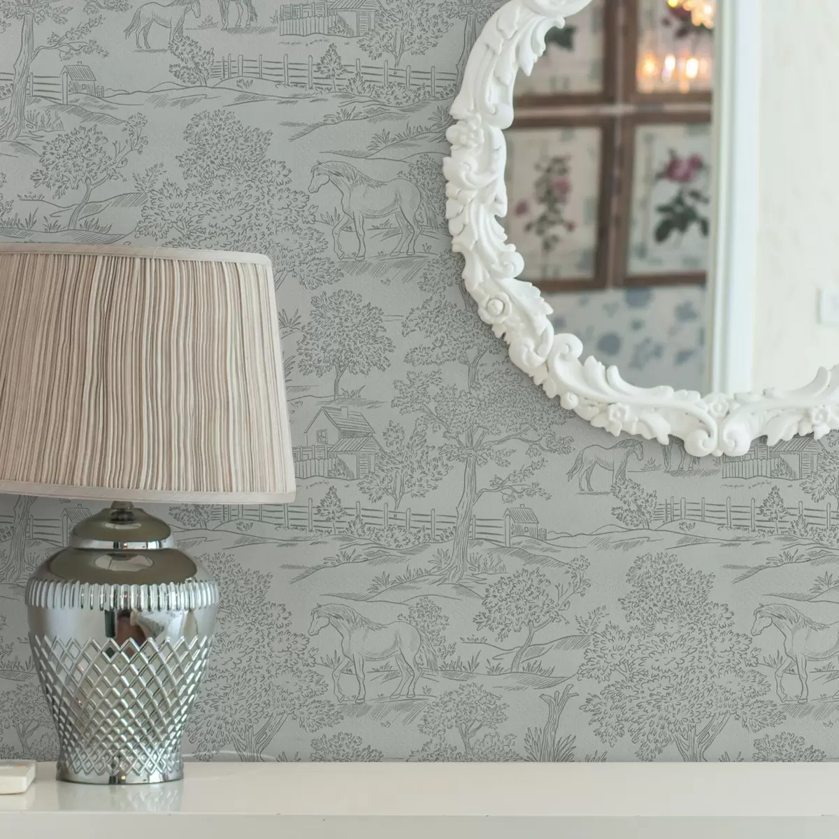 Papier peint Paysage monochrome vert avec chevaux et chalets a00407