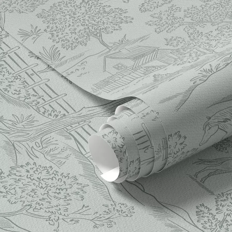 fototapeter Grønt monokromt landskab med heste og hytter a00407