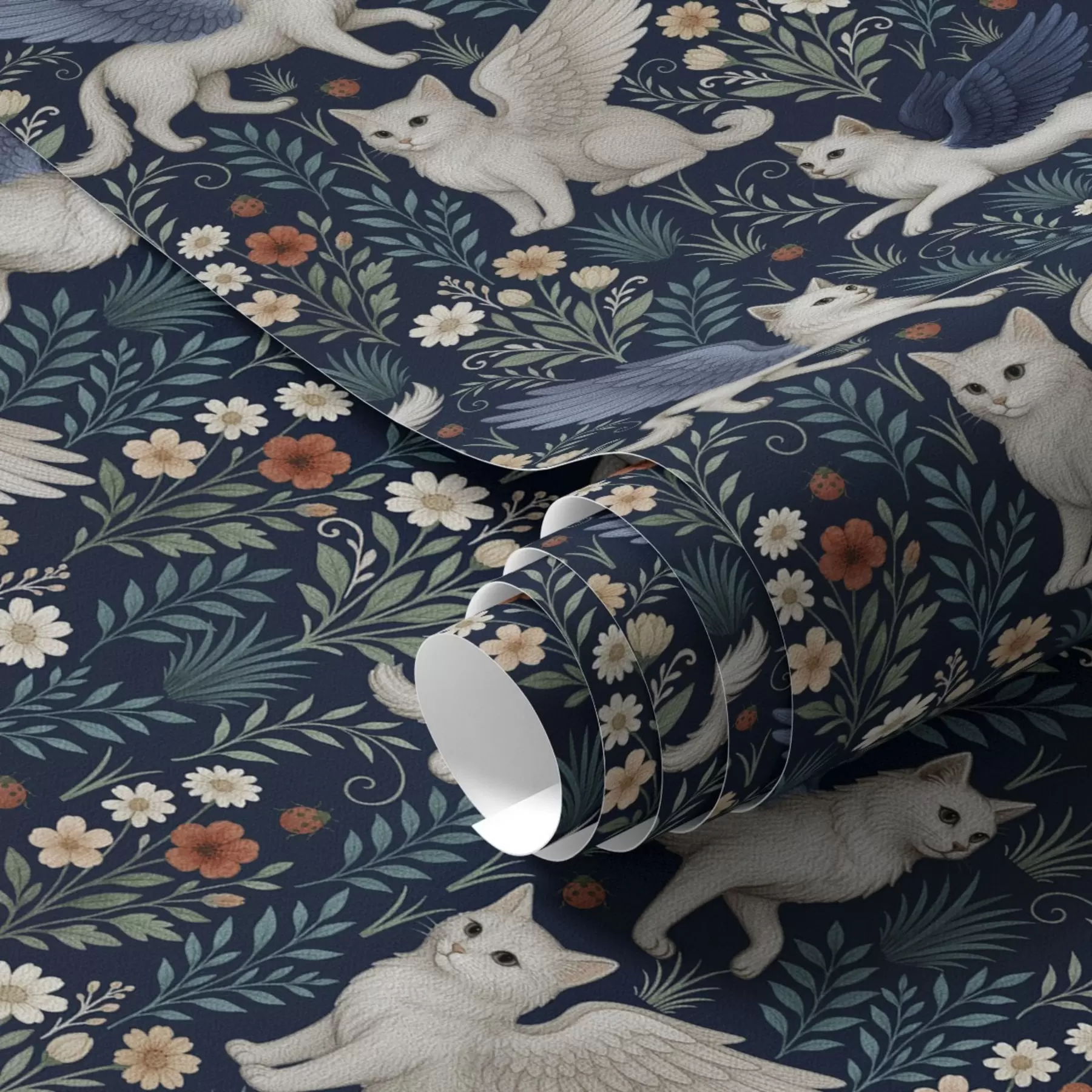 Fototapete Fantasiekatzen mit Flügeln zwischen Blumen a00408